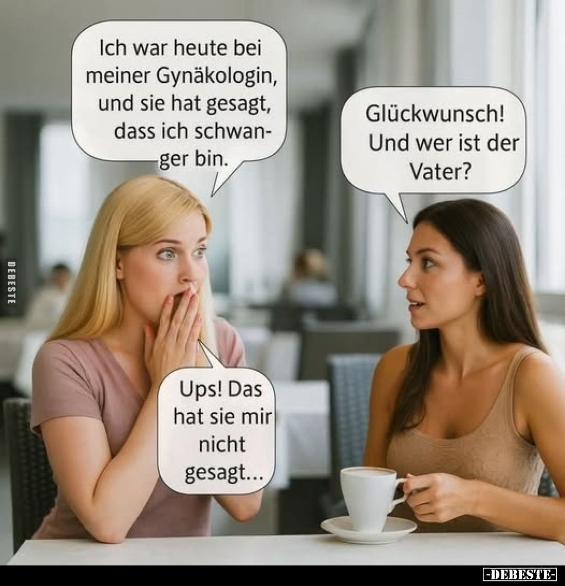 Ich war heute bei meiner Gynäkologin, und sie hat gesagt, dass ich schwanger bin.
-
Glückwunsch! Und wer ist der Vater?
-
...