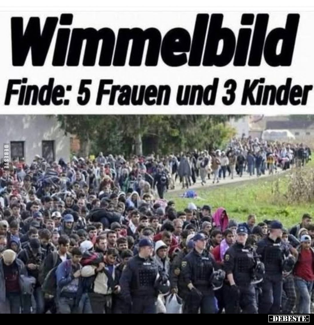 Wimmelbild.
Finde: 5 Frauen und 3 Kinder.