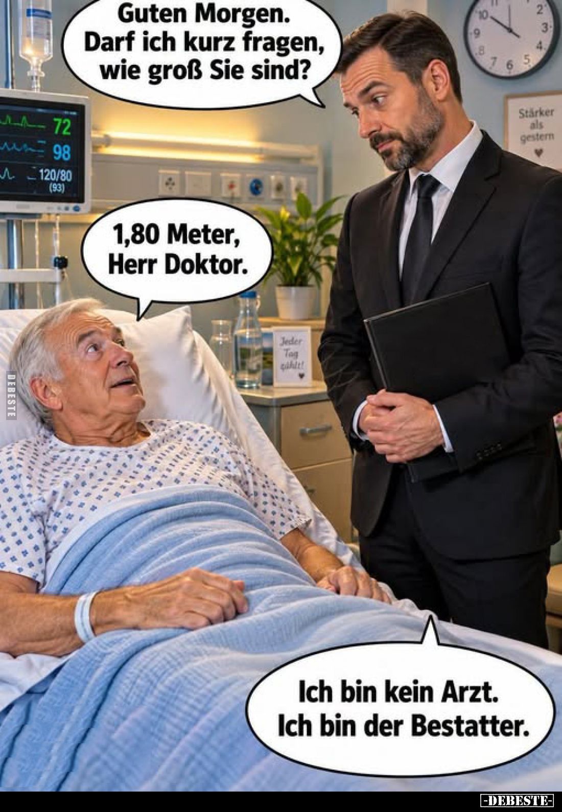 Guten Morgen. Darf ich kurz fragen, wie groß Sie sind? - 1,80 Meter, Herr Doktor. - Ich bin kein Arzt. Ich bin der Bestatter.