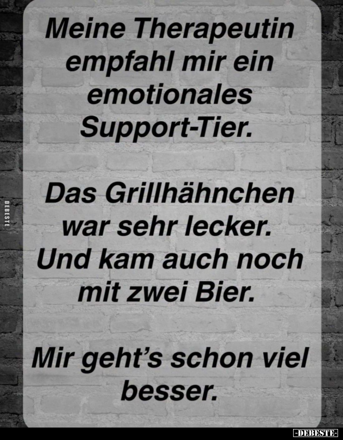 Meine Therapeutin empfahl mir ein emotionales Support-Tier.
Das Grillhähnchen war sehr lecker. Und kam auch noch mit zwei Bi...