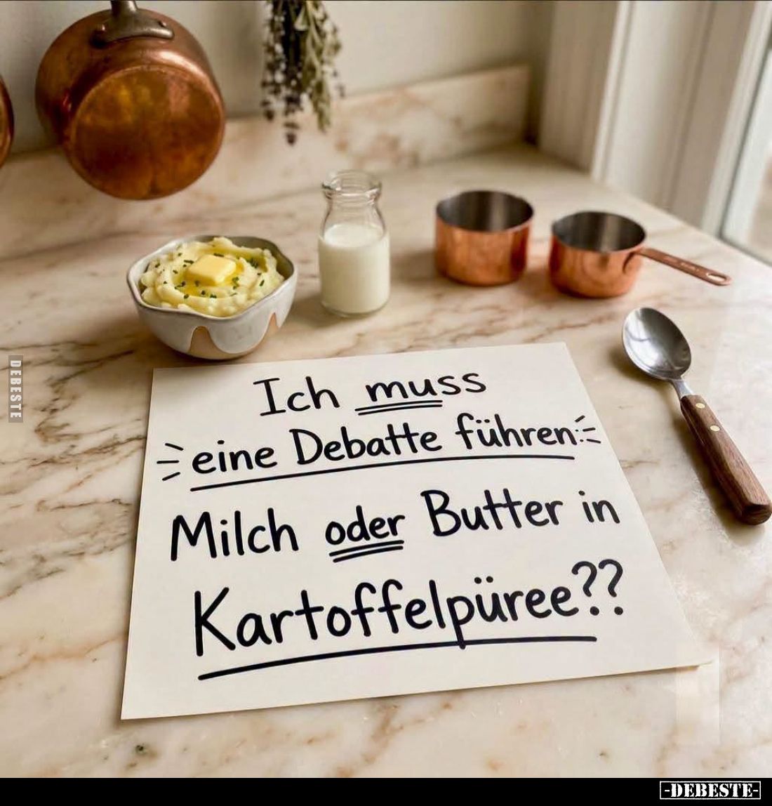 Ich muss
eine Debatte führen
Milch oder Butter in Kartoffelpüree??