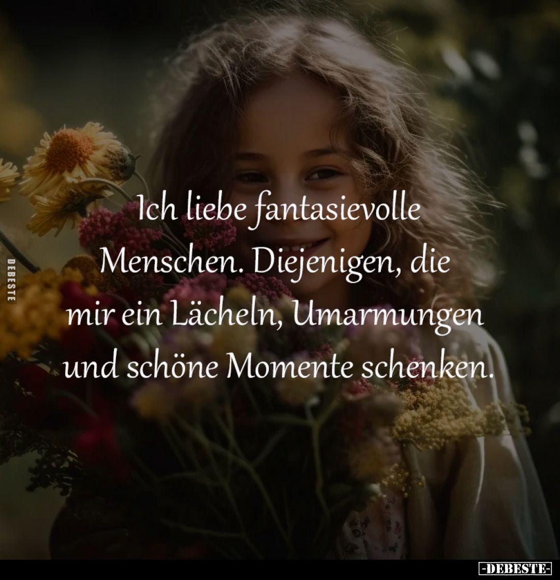 Ich liebe fantasievolle
Menschen. Diejenigen, die 
mir ein Lächeln, Umarmungen 
und schöne Momente schenken.