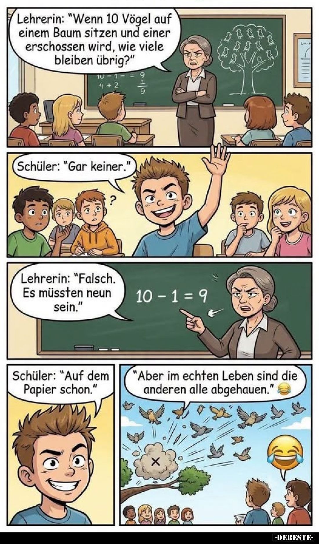 Lehrerin: "Wenn 10 Vögel auf einem Baum sitzen und einer erschossen wird, wie viele bleiben übrig?"
Schüler: &quot...