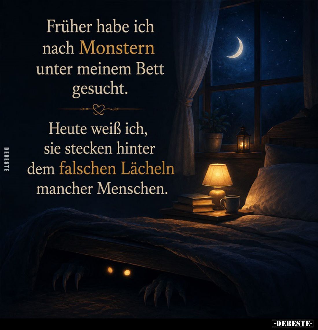 Früher habe ich nach Monstern unter meinem Bett gesucht.

Heute weiß ich, sie stecken hinter dem falschen Lächeln mancher M...