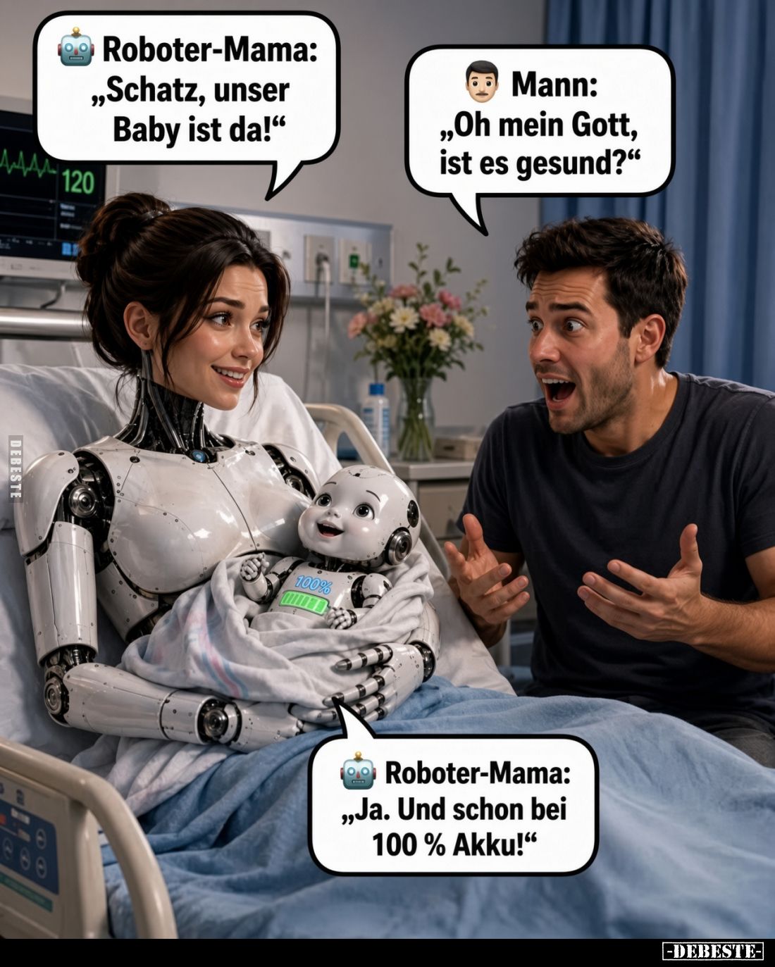 Roboter-Mama: „Schatz, unser Baby ist da!“
Mann: „Oh mein Gott, ist es gesund?"
Roboter-Mama: „Ja. Und schon bei 100% ...