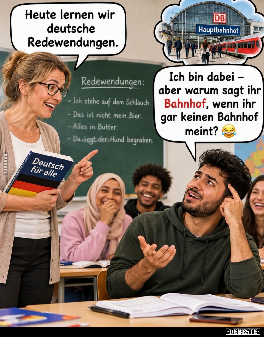 Heute lernen wir deutsche Redewendungen. - Ich bin dabei aber warum sagt ihr Bahnhof, wenn ihr gar keinen Bahnhof meint?