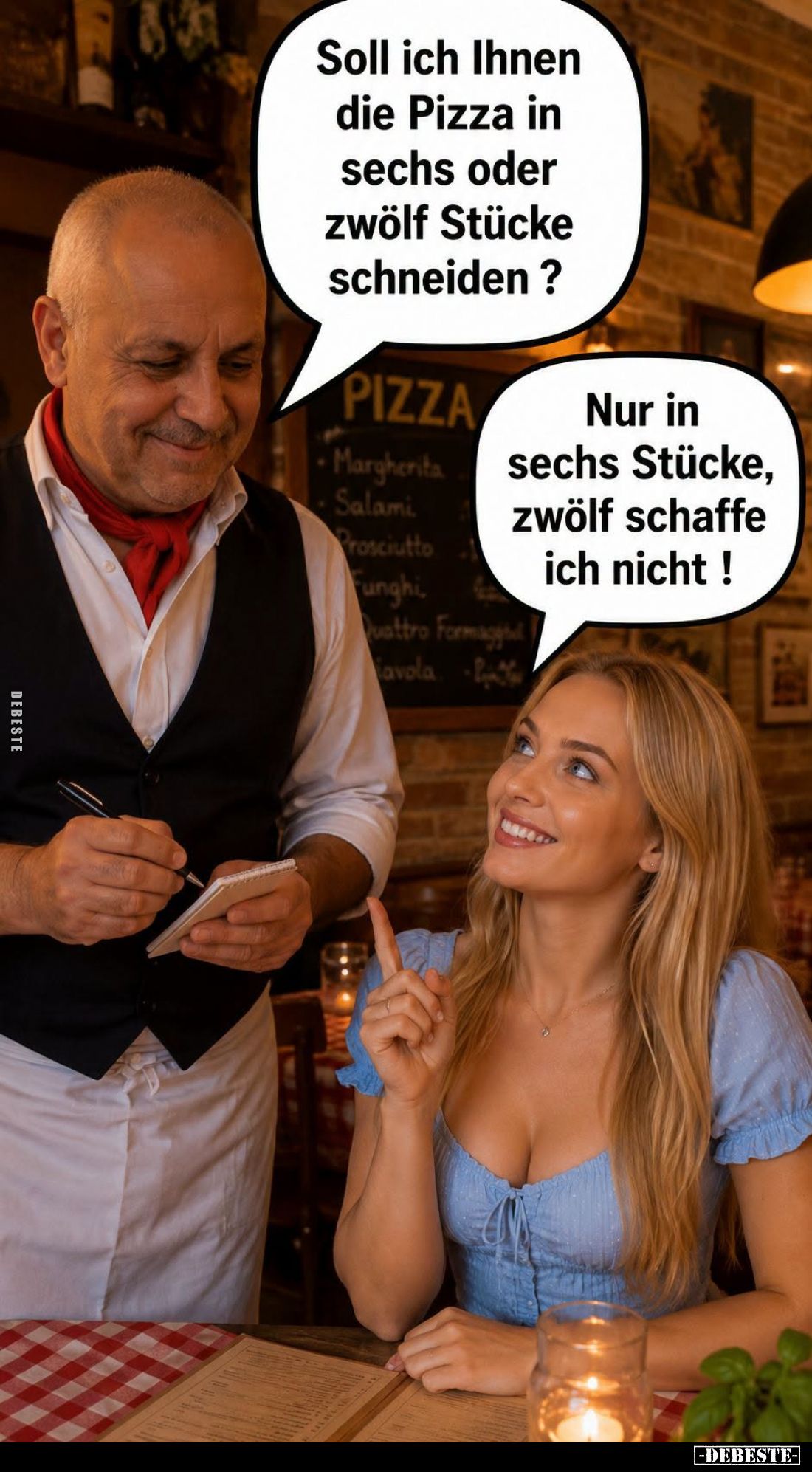 Soll ich Ihnen die Pizza in sechs oder zwölf Stücke schneiden? -
Nur in sechs Stücke, zwölf schaffe ich nicht !