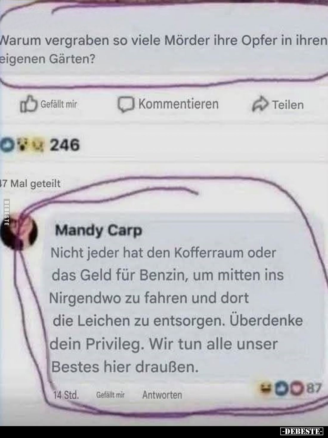 Warum vergraben so viele Mörder ihre Opfer in ihren eigenen Gärten?
-
Nicht jeder hat den Kofferraum oder das Geld für Benz...