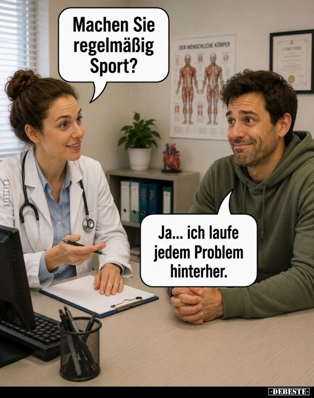 Machen Sie regelmäßig Sport? -
Ja... ich laufe jedem Problem hinterher.