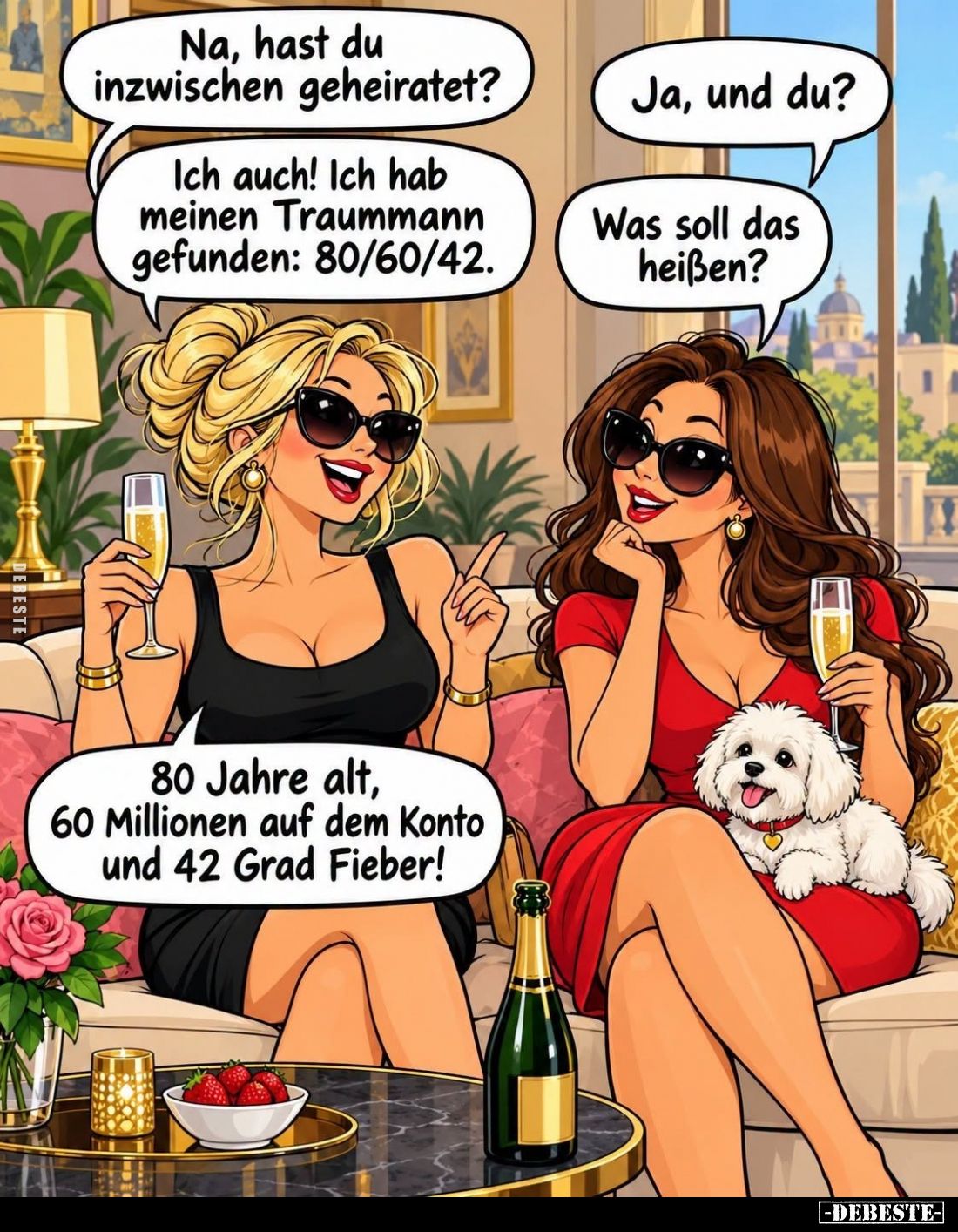 Na, hast du inzwischen geheiratet?
Ja, und du?
Ich auch! Ich hab meinen Traummann gefunden: 80/60/42.
Was soll das h...