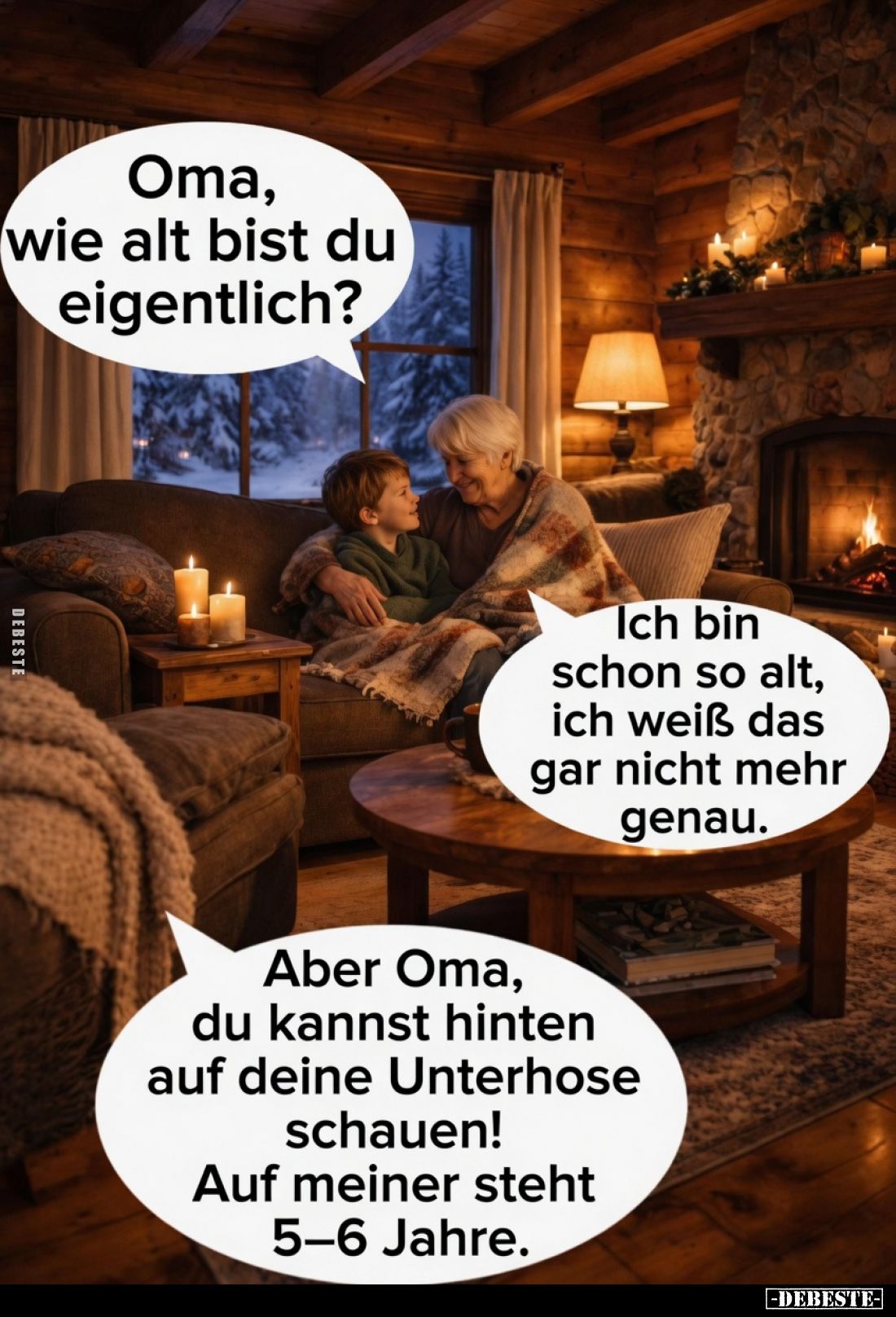 Oma, wie alt bist du eigentlich?
Ich bin schon so alt, ich weiß das gar nicht mehr genau.
Aber Oma, du kannst hinten auf de...