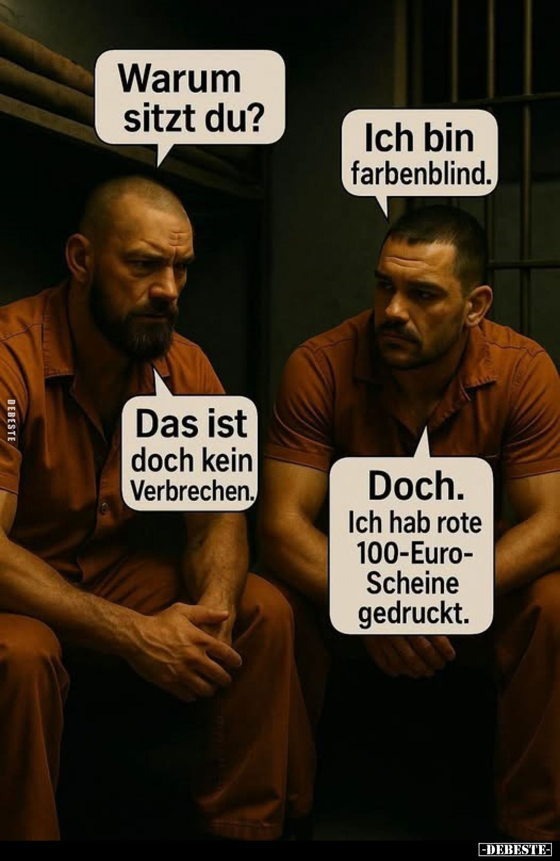 Warum sitzt du? -
Ich bin farbenblind.
-
Das ist doch kein Verbrechen. -
Doch. Ich hab rote 100-Euro-Scheine gedruckt.