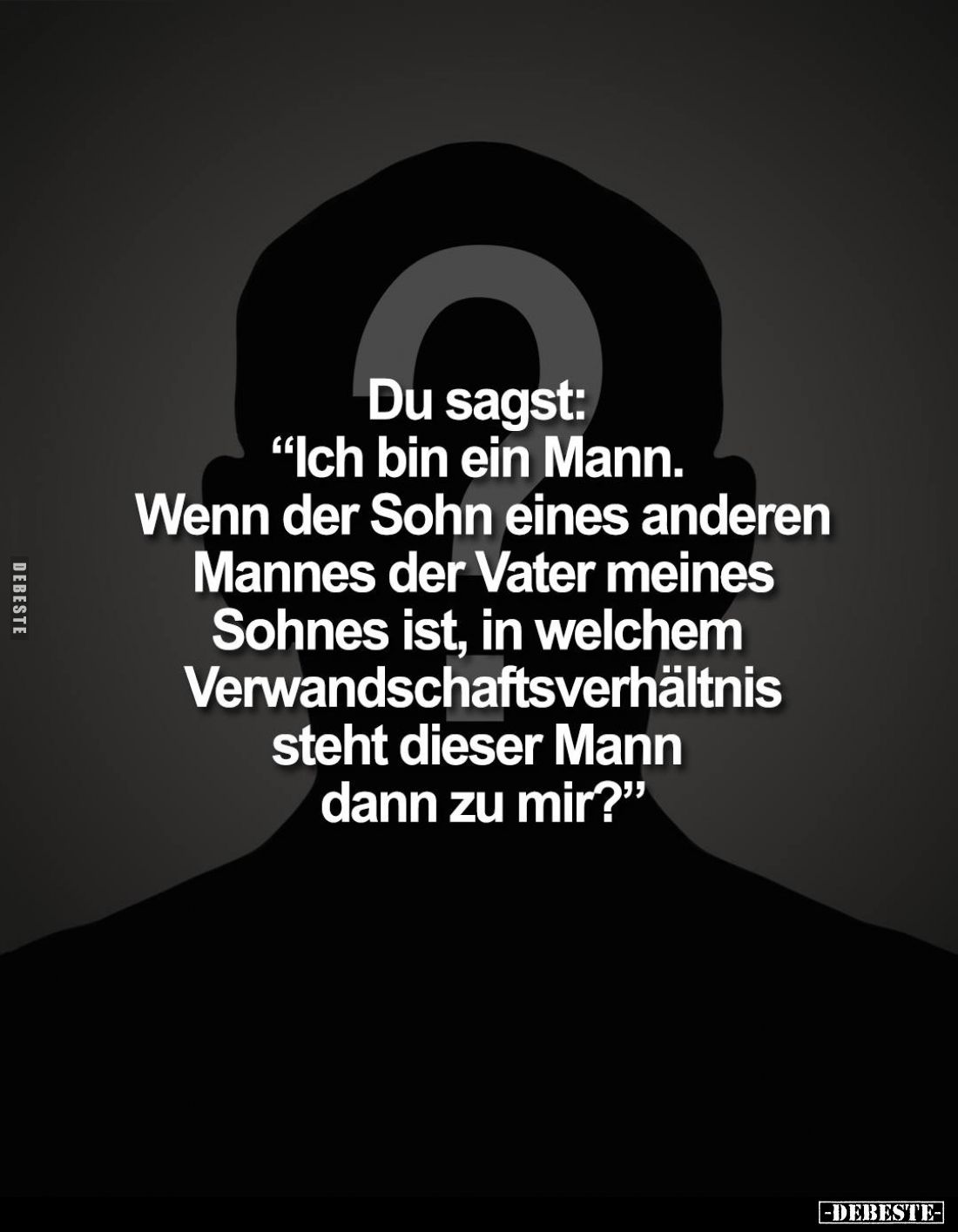 Du sagst: "Ich bin ein Mann.
Wenn der Sohn eines anderen Mannes der Vater meines Sohnes ist, in welchem Verwandschaftsv...