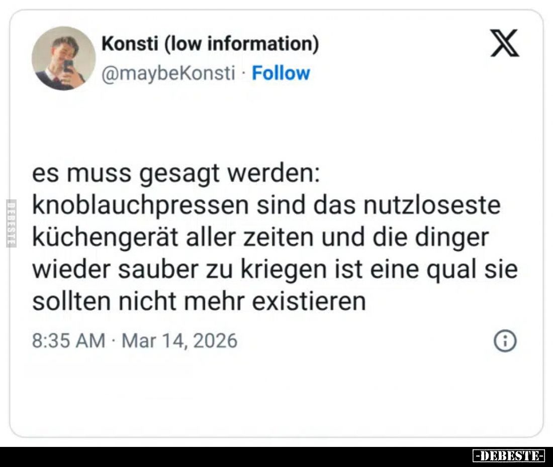 Es muss gesagt werden: Knoblauchpressen sind das nutzloseste Küchengerät aller Zeiten und die Dinger wieder sauber zu kriegen...