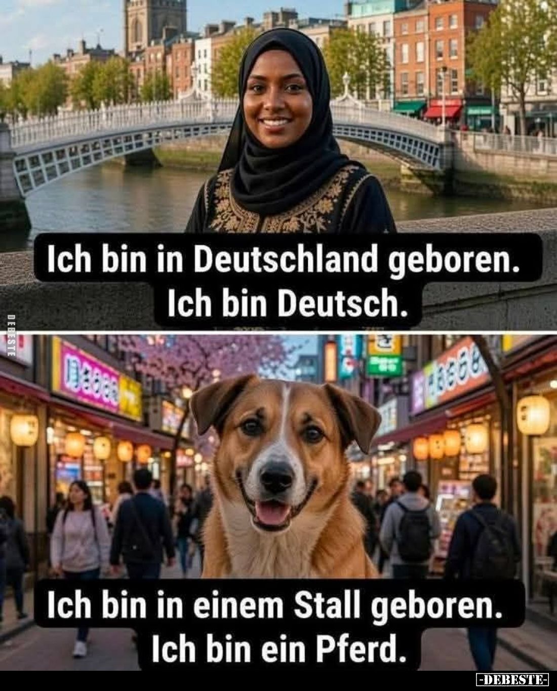 Ich bin in Deutschland geboren.
Ich bin Deutsch. -
Ich bin in einem Stall geboren.
Ich bin ein Pferd.