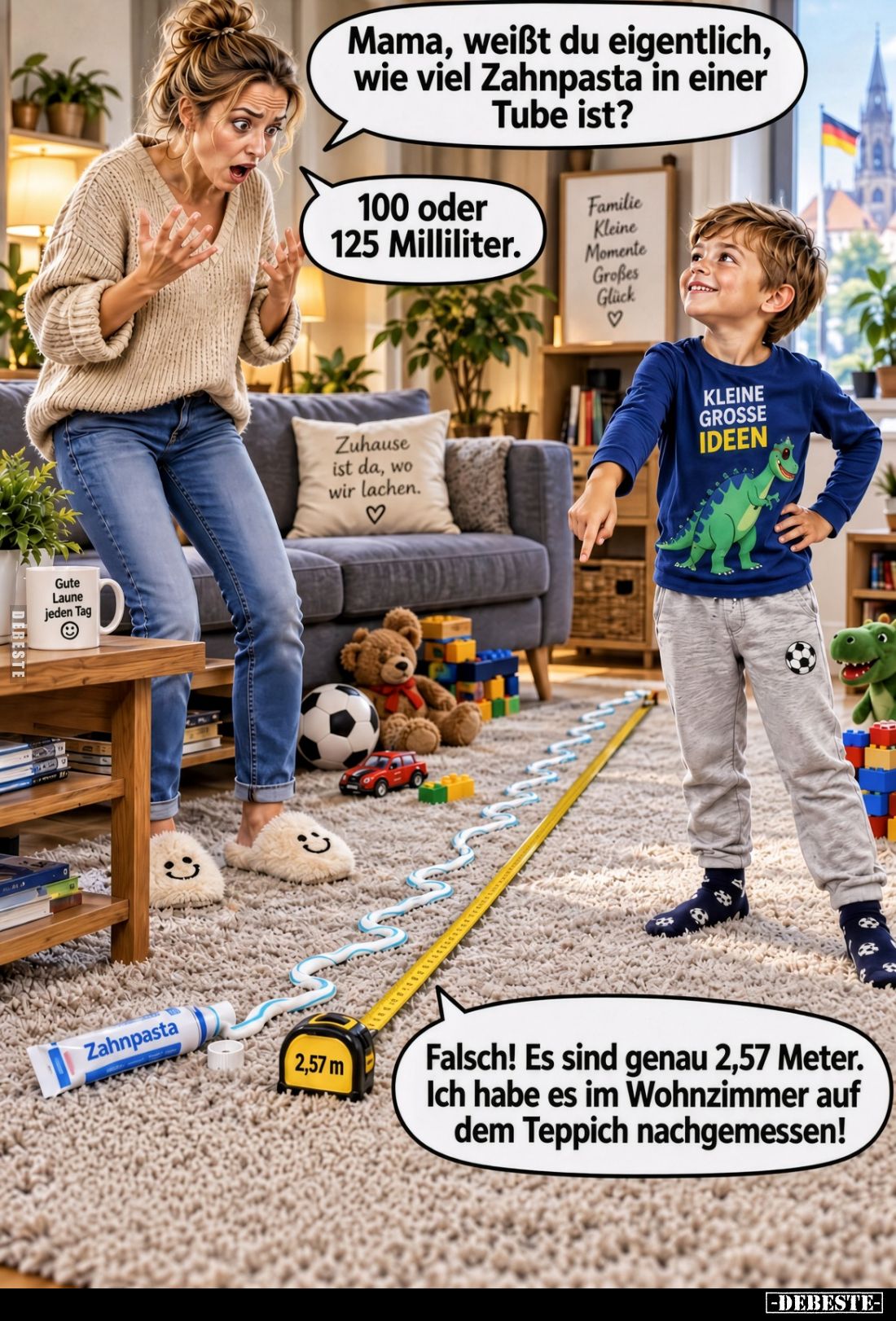 Mama, weißt du eigentlich, wie viel Zahnpasta in einer Tube ist?
100 oder 125 Milliliter.
-
Falsch! Es sind genau 2,57 Met...