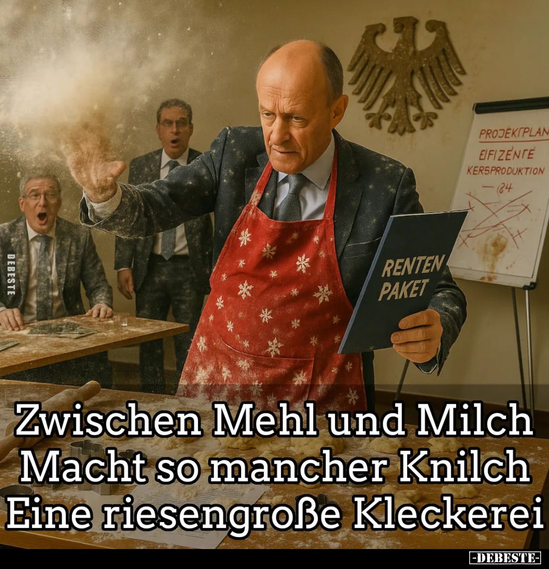 Zwischen Mehl und Milch. Macht so mancher Knilch. Eine riesengroße Kleckerei.