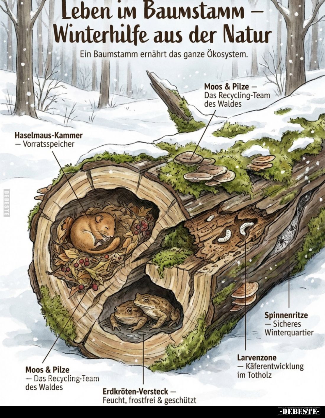 Leben im Baumstamm - Winterhilfe aus der Natur.
Ein Baumstamm ernährt das ganze Ökosystem.