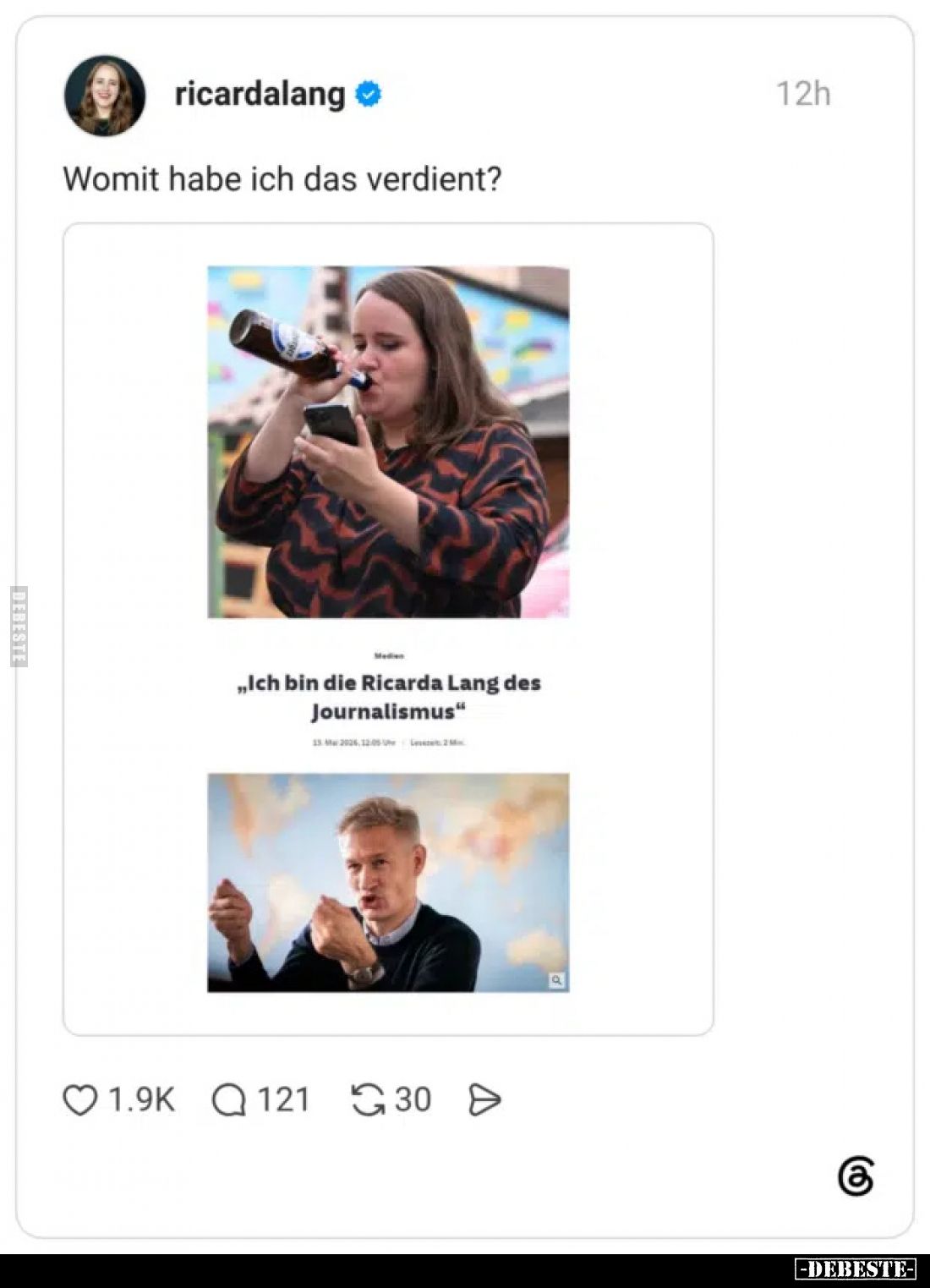 Womit habe ich das verdient?

„Ich bin die Ricarda Lang des Journalismus“