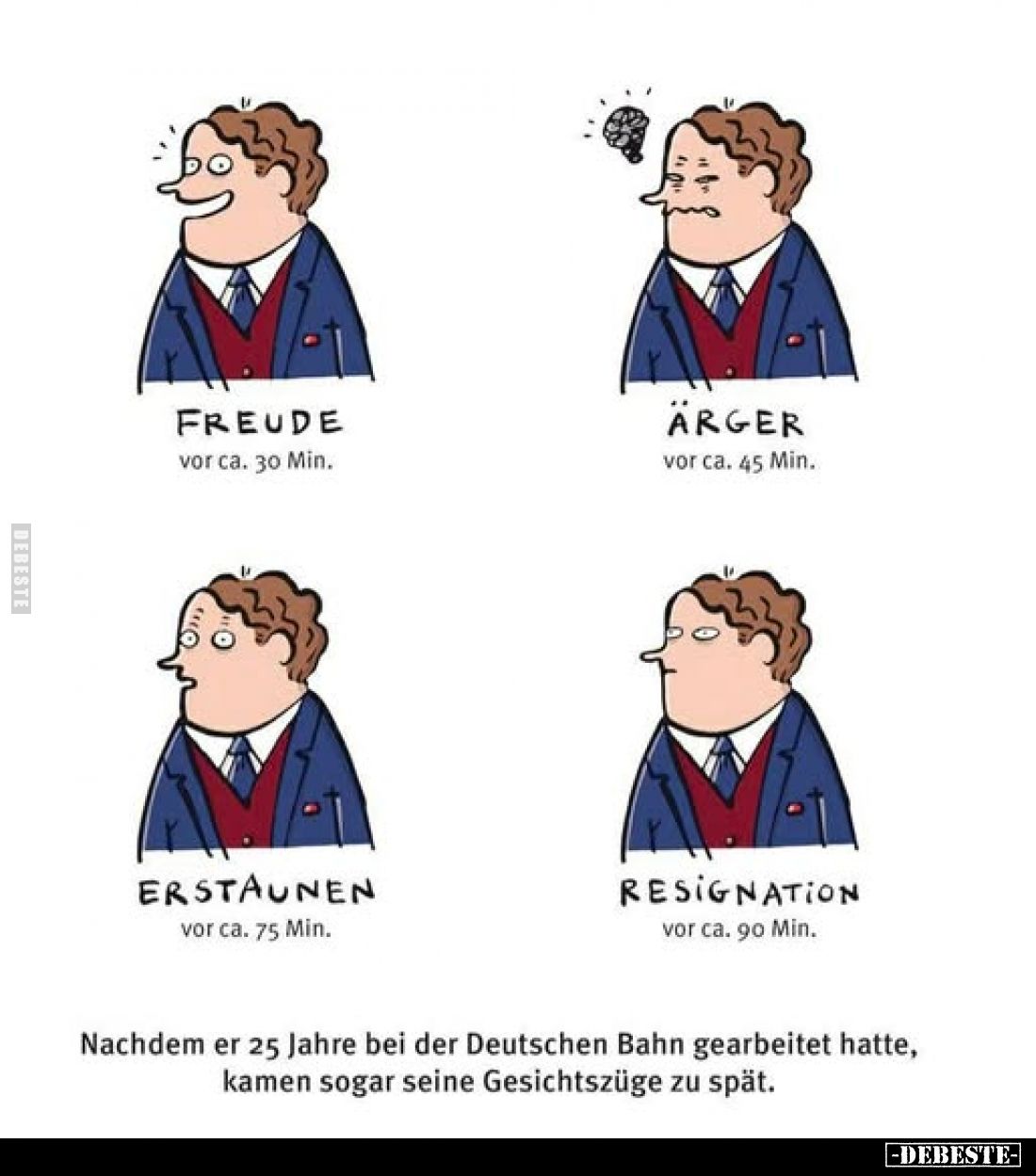 FREUDE vor ca. 30 Min.,
ÄRGER vor ca. 45 Min.,
ERSTAUNEN
vor ca. 75 Min.,
RESIGNATION
vor ca. 90 Min.
Nachdem er 25 Jah...
