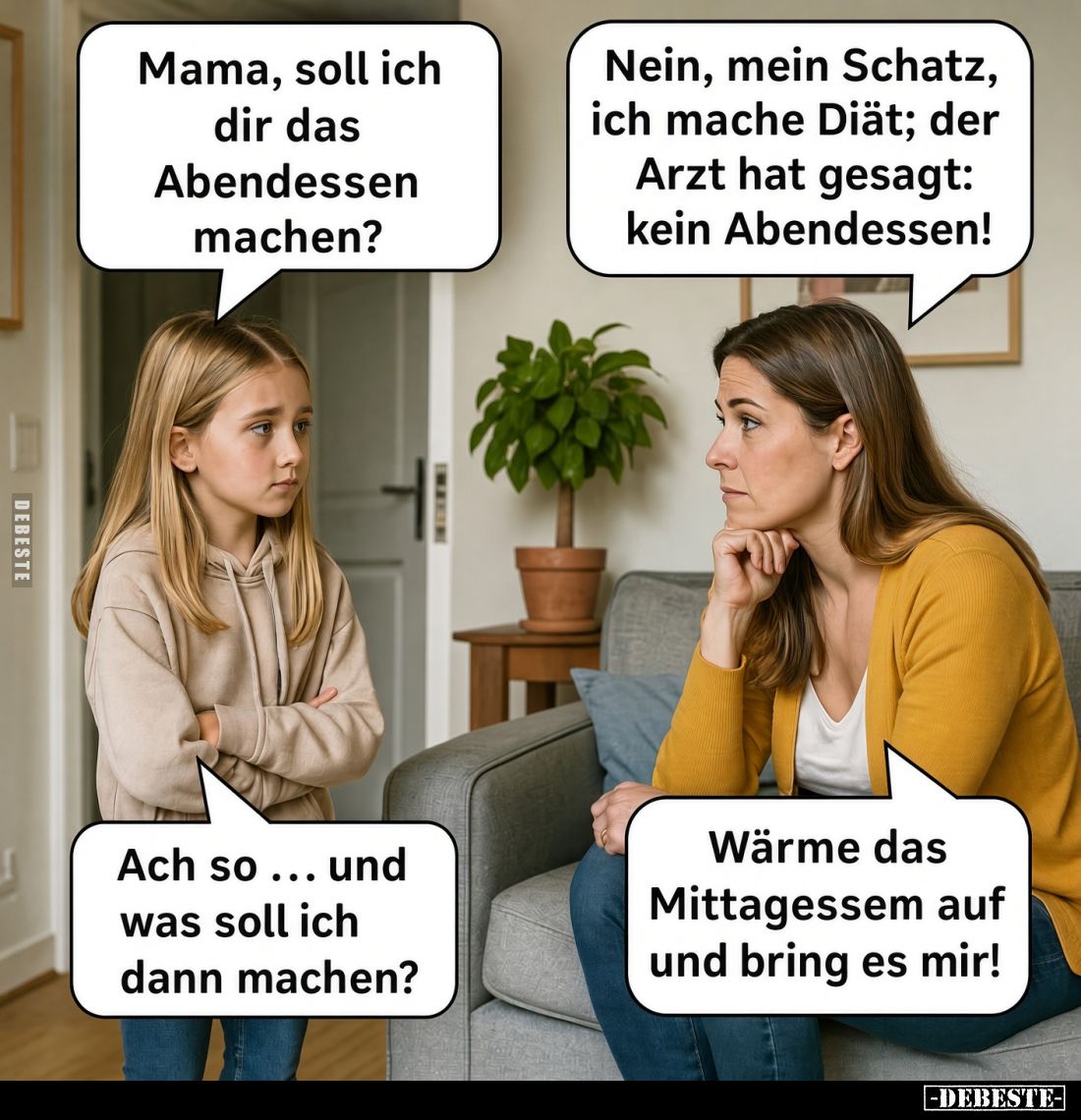 Mama, soll ich dir das Abendessen machen? -
Nein, mein Schatz, ich mache Diät; der Arzt hat gesagt: kein Abendessen!
-
Ach...