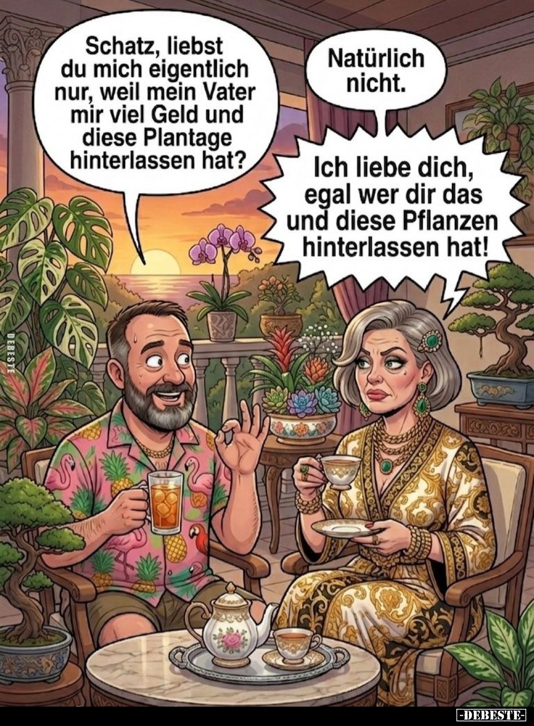 Schatz, liebst du mich eigentlich nur, weil mein Vater mir viel Geld und diese Plantage hinterlassen hat? -
Natürlich nicht....