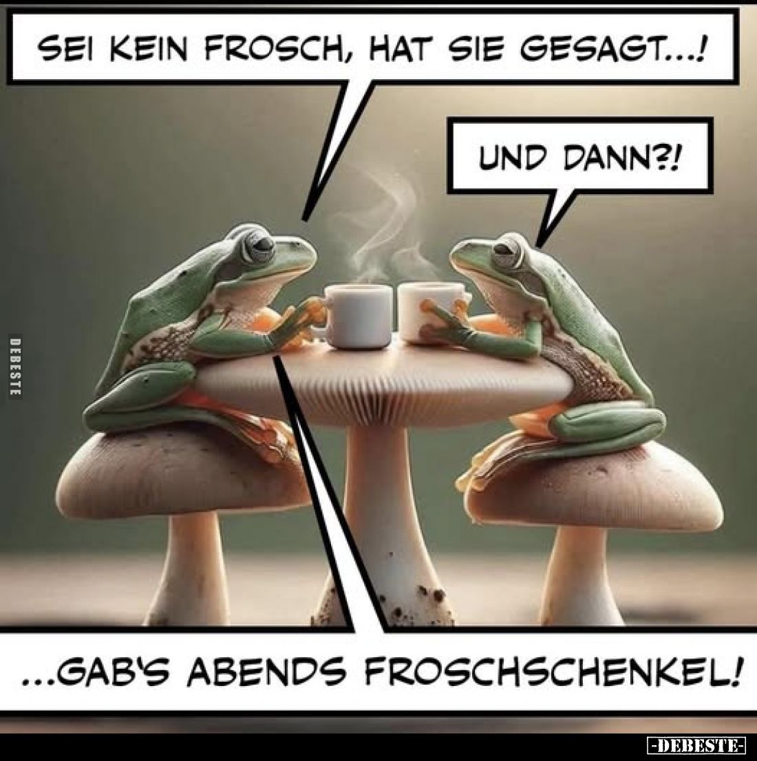 Sei kein Frosch, hat sie gesagt...!
-
Und dann?!
...gab's abends Froschschenkel!