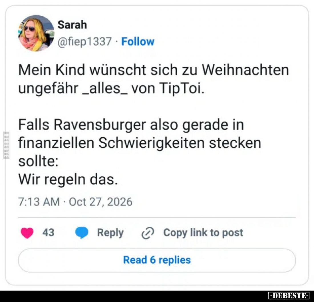 Mein Kind wünscht sich zu Weihnachten ungefähr _alles_ von TipToi.

Falls Ravensburger also gerade in finanziellen Schwieri...