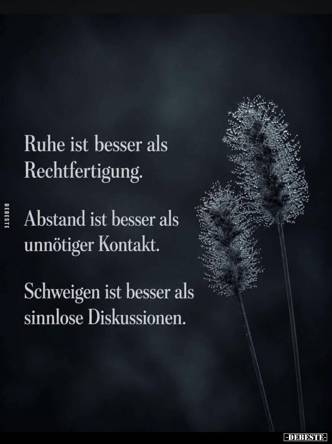 Ruhe ist besser als Rechtfertigung.
Abstand ist besser als unnötiger Kontakt.
Schweigen ist besser als sinnlose Diskussione...