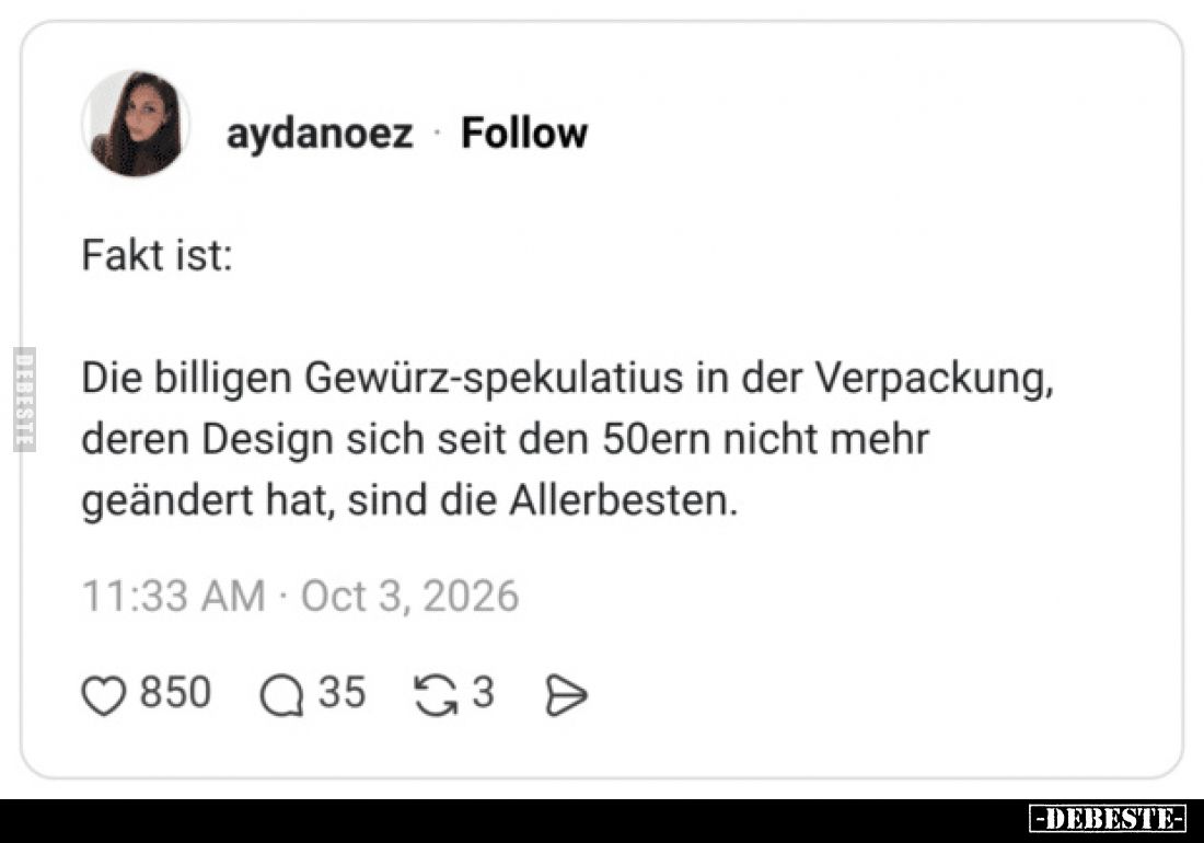 Fakt ist:

Die billigen Gewürz-Spekulatius in der Verpackung, deren Design sich seit den 50ern nicht mehr geändert hat, sin...