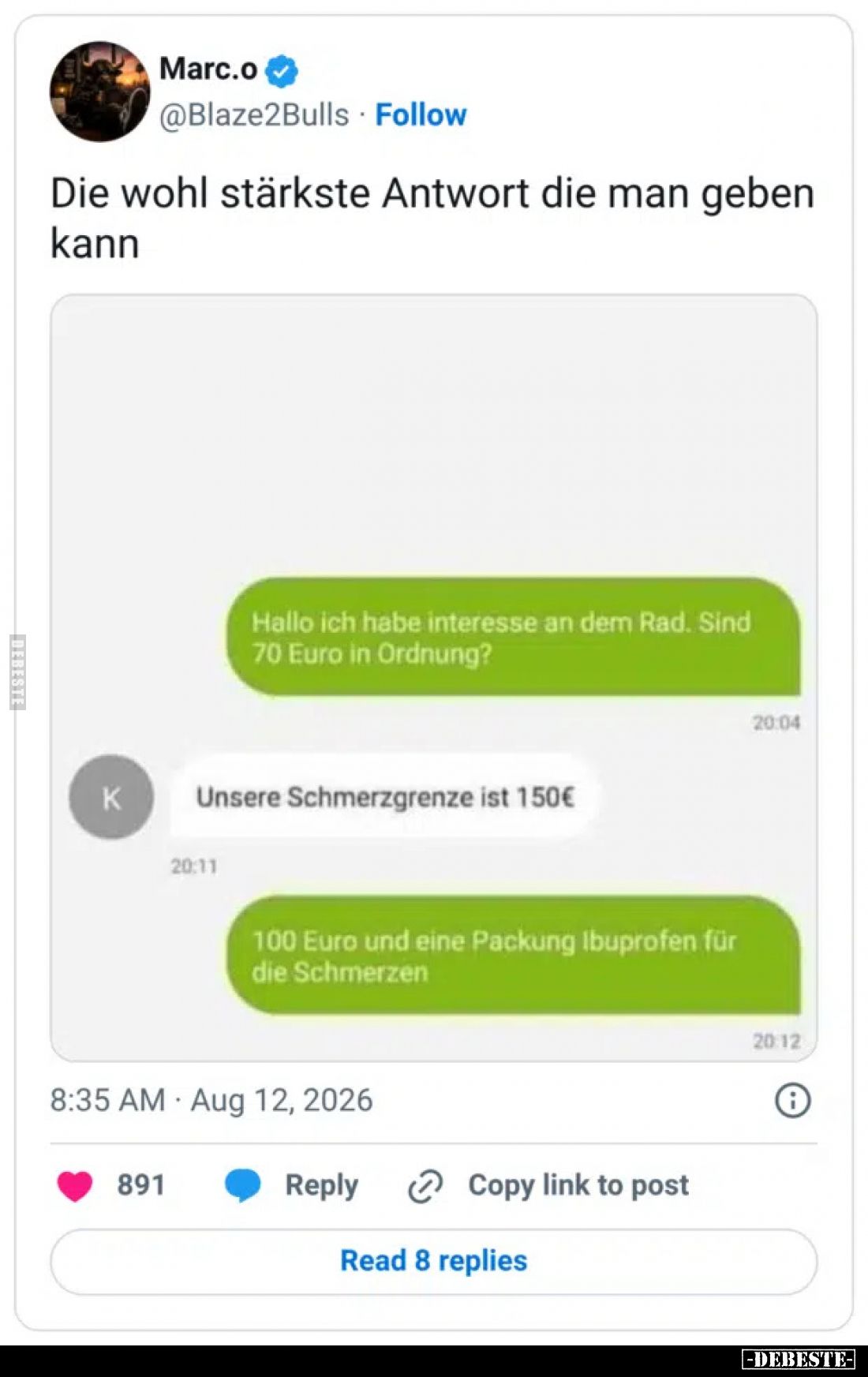 Die wohl stärkste Antwort die man geben kann.
Hallo ich habe interesse an dem Rad. Sind 70 Euro in Ordnung?
Unsere Schm...