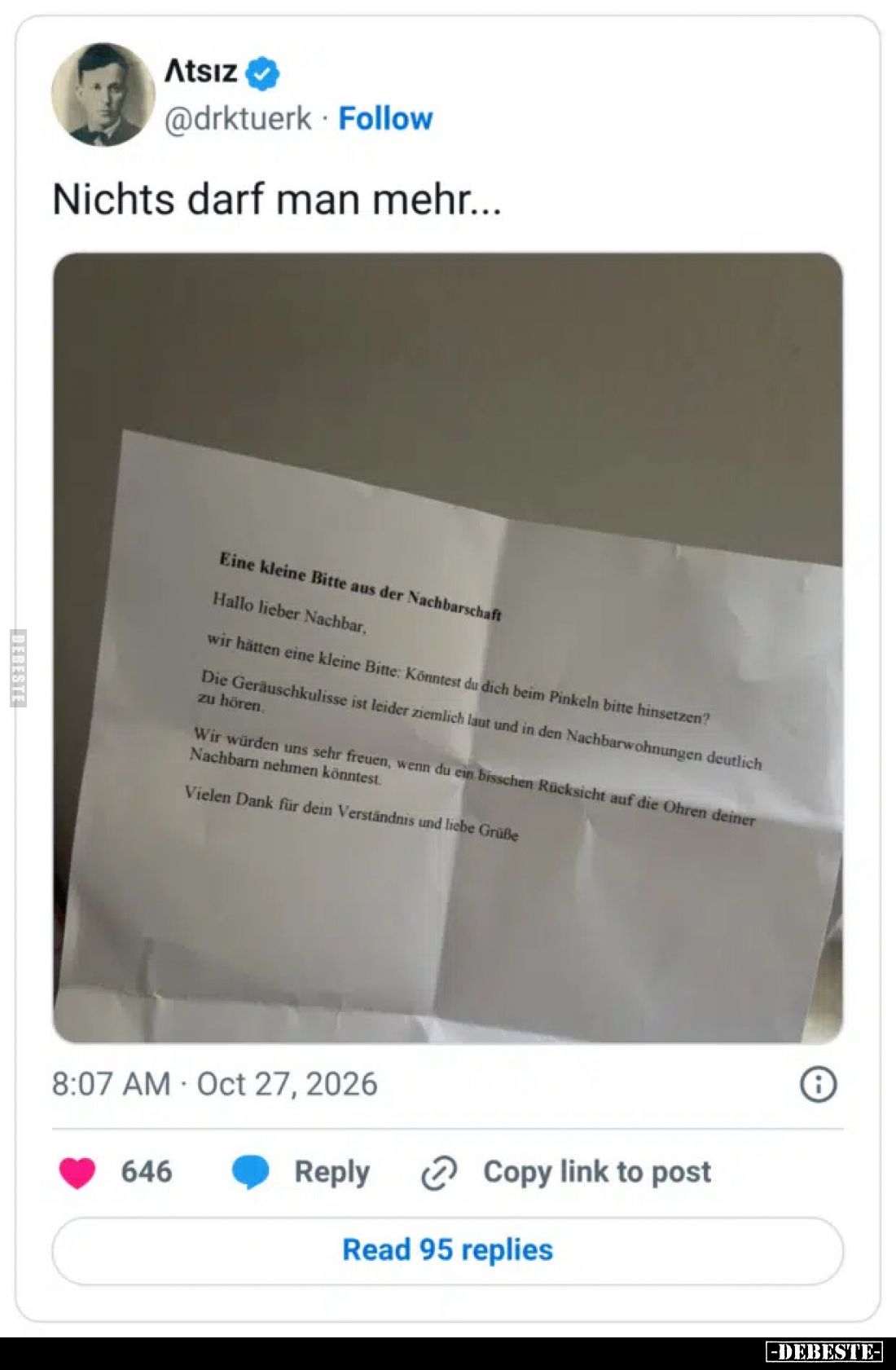 Nichts darf man mehr...  

Eine kleine Bitte aus der Nachbarschaft
Hallo lieber Nachbar,
wir hätten eine kleine Bitte: Kö...