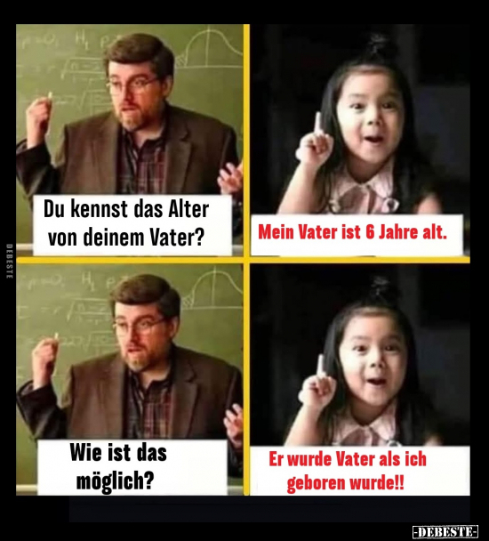 Du kennst das Alter von deinem Vater? -
Mein Vater ist 6 Jahre alt. - Wie ist das möglich? -
Er wurde Vater als ich geboren...