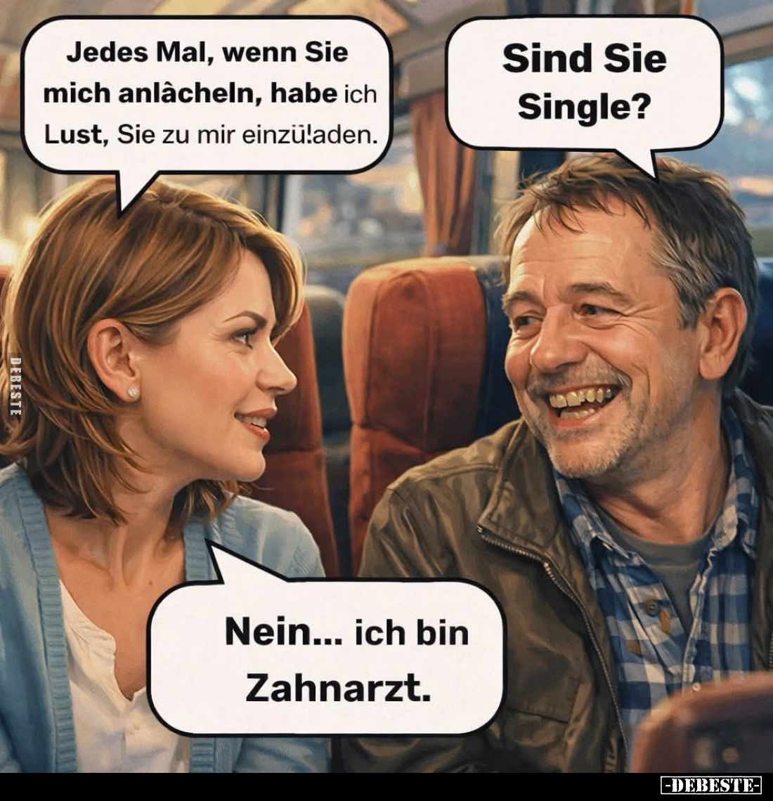 Jedes Mal, wenn Sie mich anlächeln, habe ich Lust, Sie zu mir einzuladen. -
Sind Sie Single? - Nein... ich bin Zahnarzt.