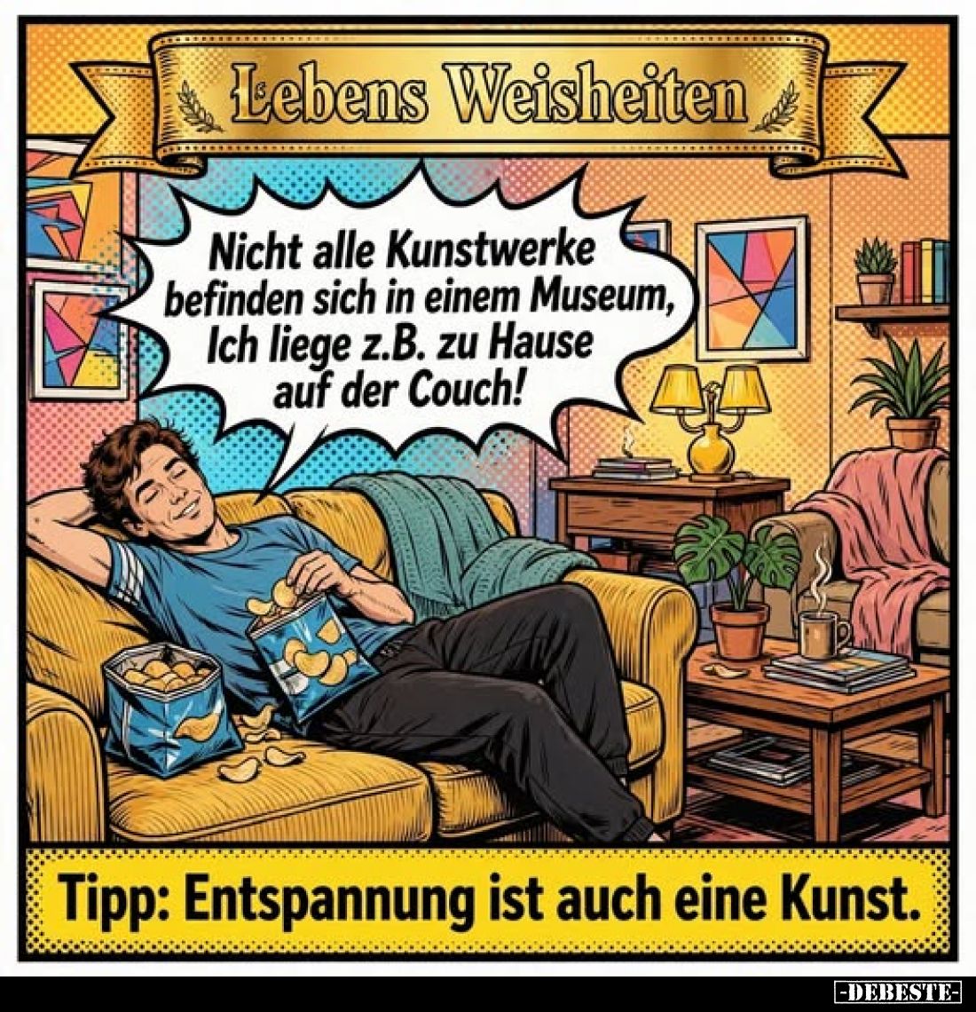 Lebens Weisheiten
-
Nicht alle Kunstwerke befinden sich in einem Museum, Ich liege z.B. zu Hause auf der Couch!
-
Tipp: E...