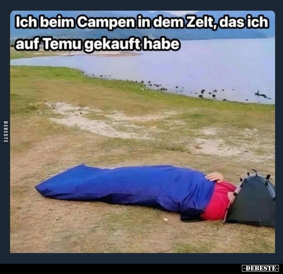 Ich beim Campen in dem Zelt, das ich auf Temu gekauft habe.