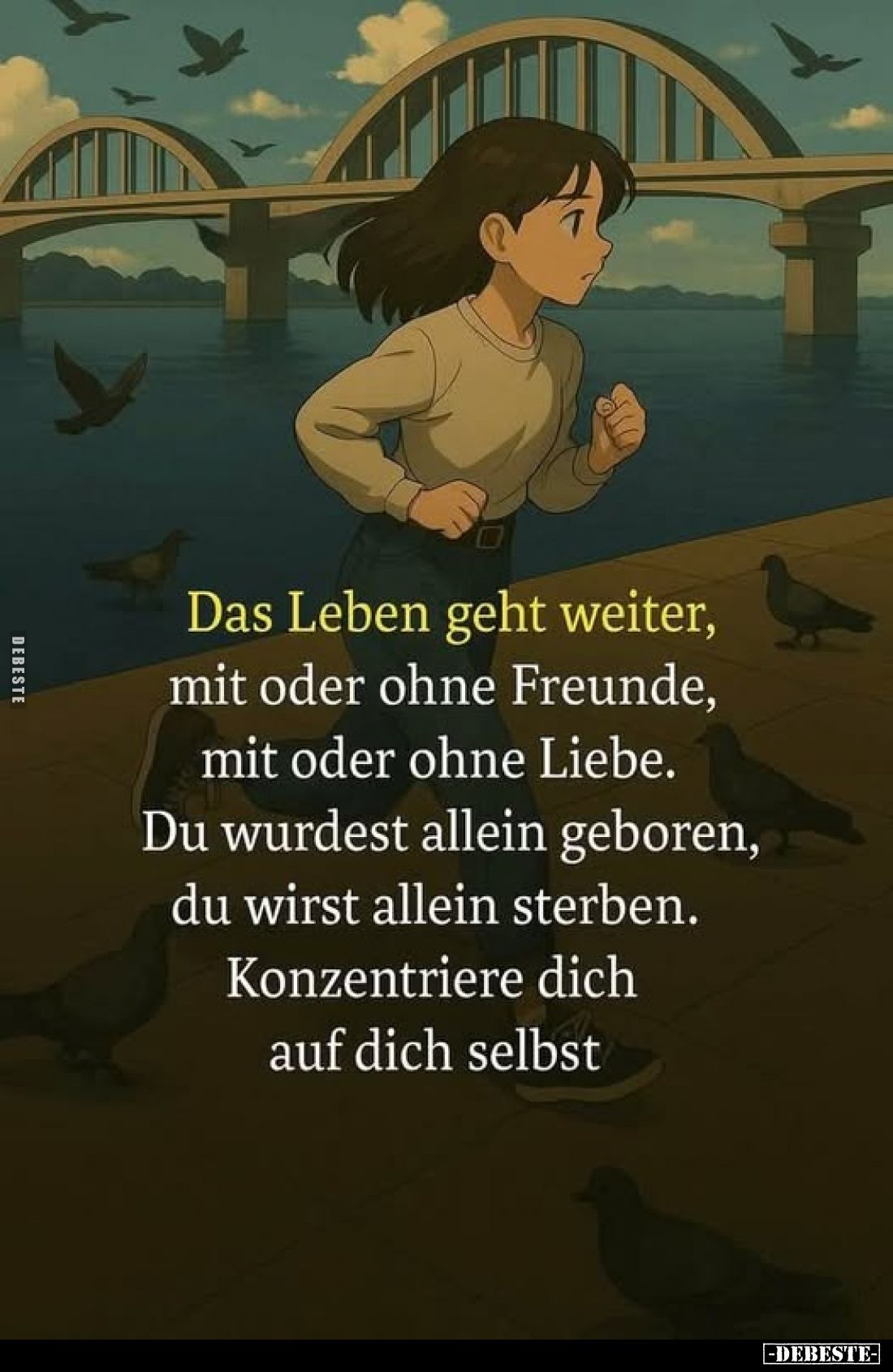 Das Leben geht weiter, mit oder ohne Freunde, mit oder ohne Liebe. Du wurdest allein geboren, du wirst allein sterben. Konzen...