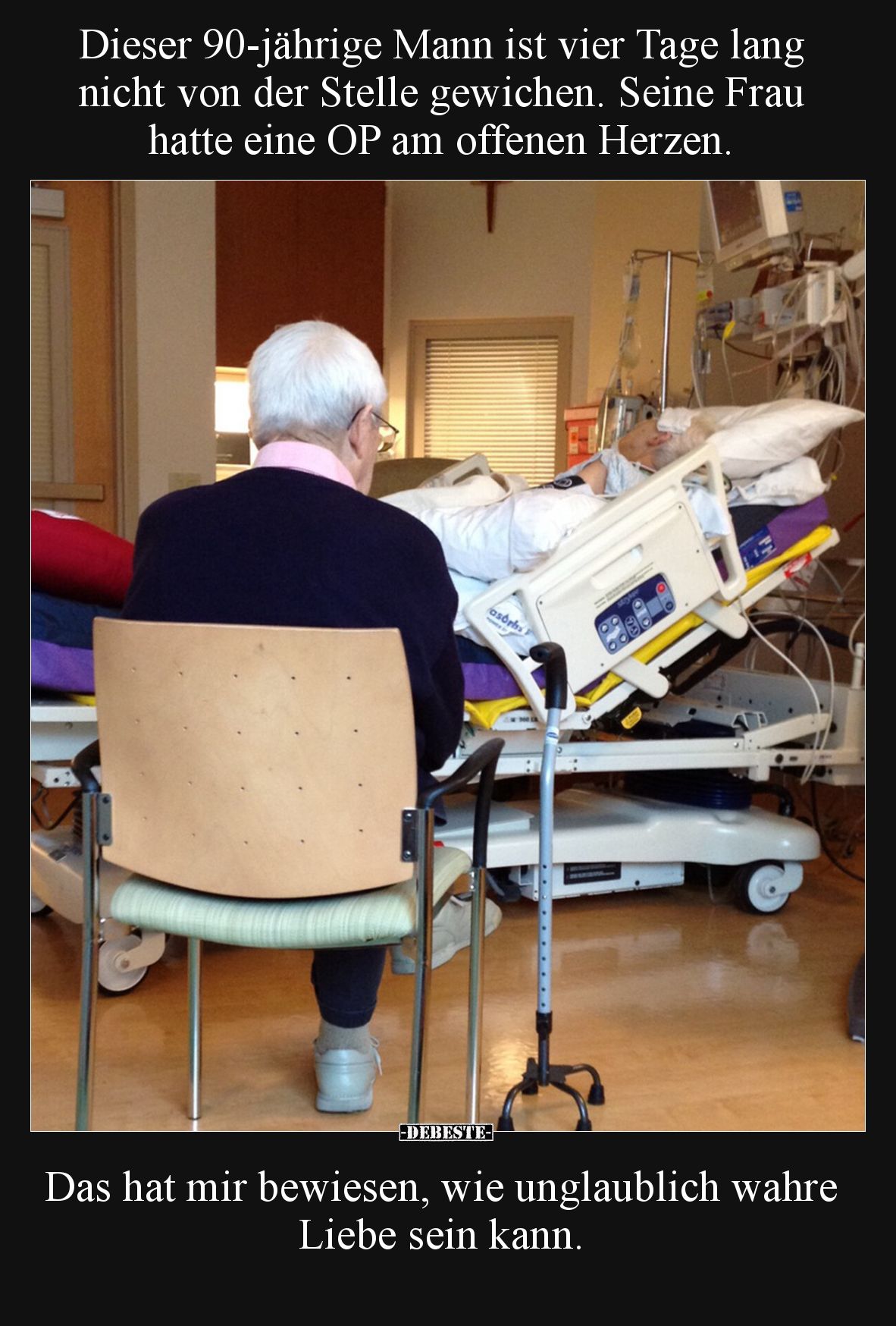 Dieser 90-jährige Mann ist vier Tage lang nicht von der Stelle gewichen. Seine Frau hatte eine OP am offenen Herzen.
Das h...