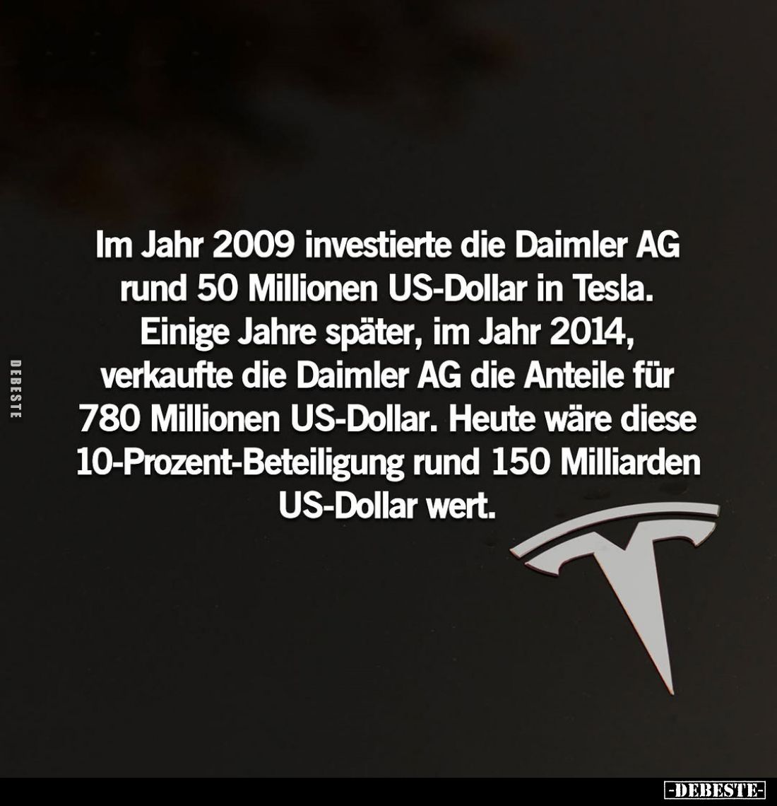 Im Jahr 2009 investierte die Daimler AG rund 50 Millionen US-Dollar in Tesla. Einige Jahre später, im Jahr 2014, verkaufte di...