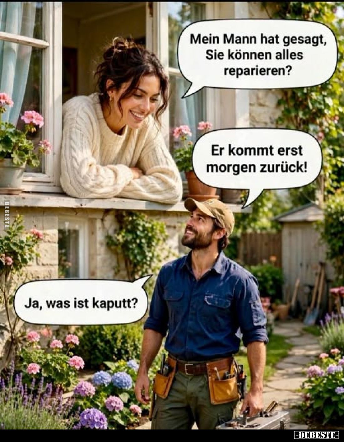 Mein Mann hat gesagt, Sie können alles reparieren? -
Er kommt erst morgen zurück! -
Ja, was ist kaputt?