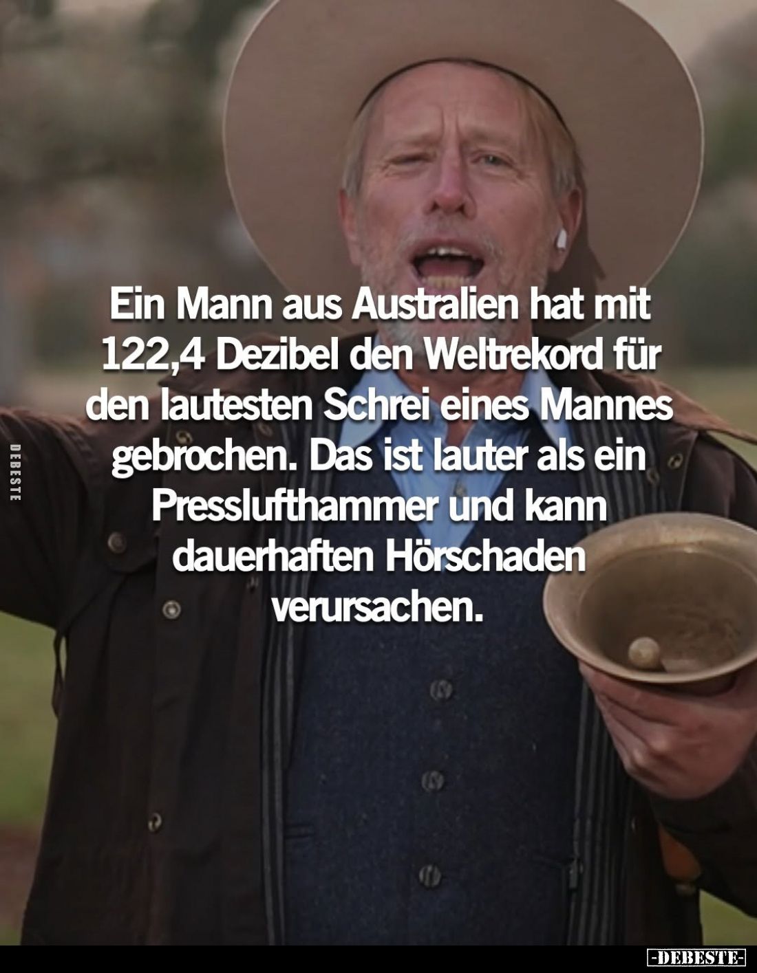 Ein Mann aus Australien hat mit 122,4 Dezibel den Weltrekord für den lautesten Schrei eines Mannes gebrochen. Das ist lauter ...