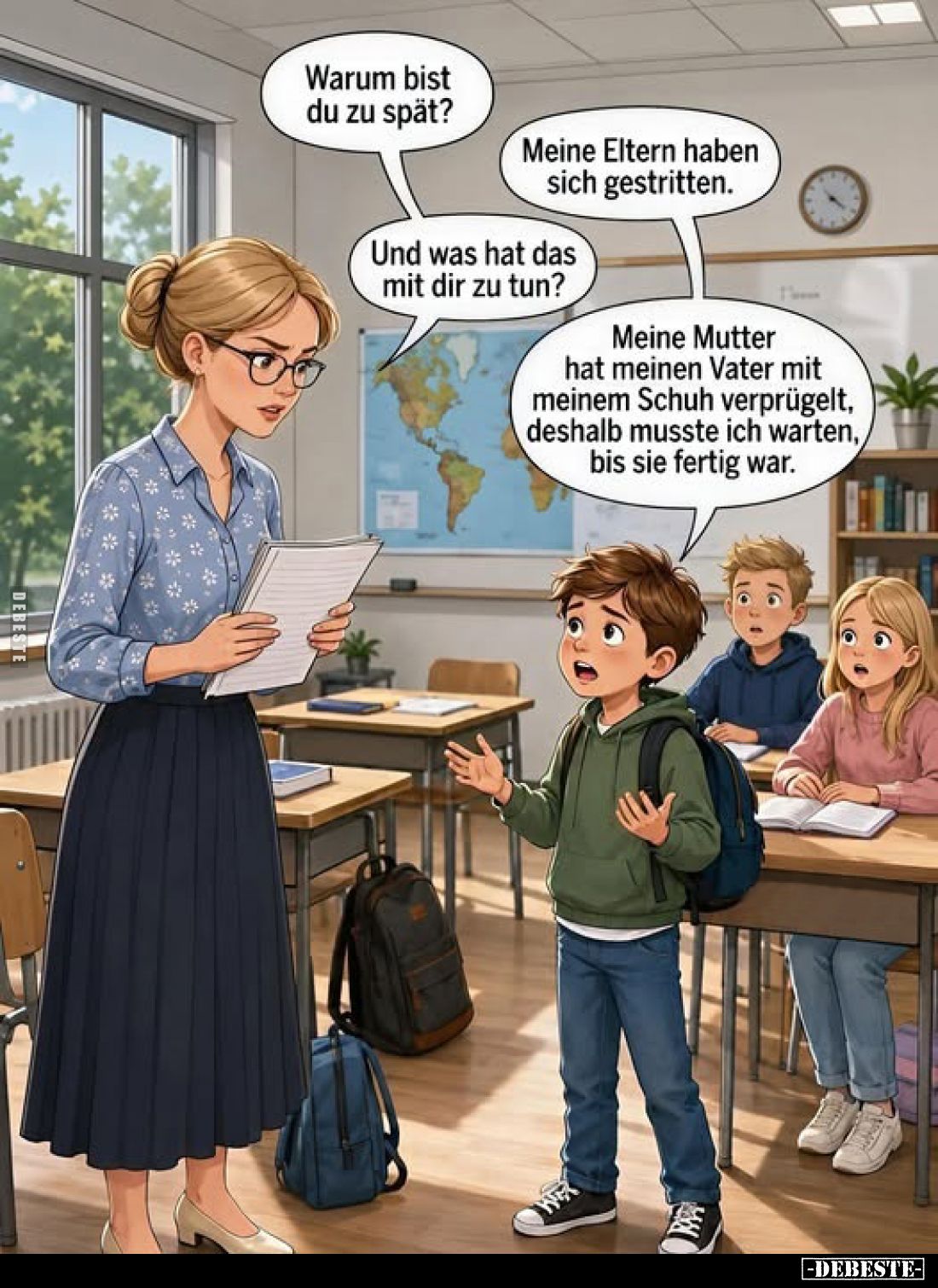 Warum bist du zu spät?
Meine Eltern haben sich gestritten.
Und was hat das mit dir zu tun?
Meine Mutter hat meinen Vater m...