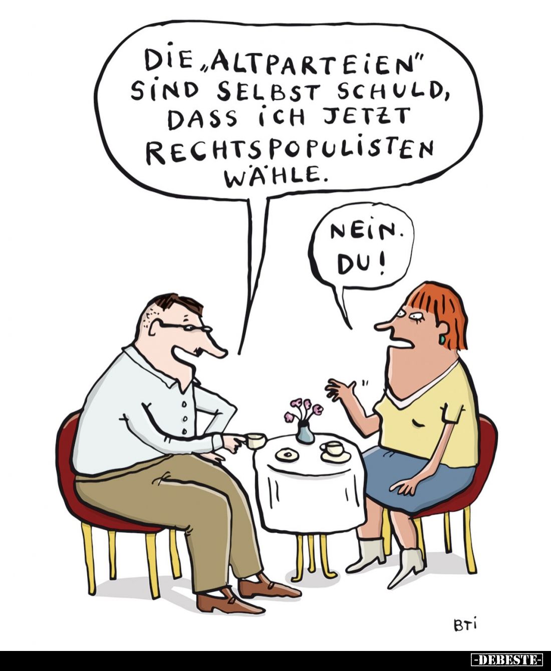 Die "Altparteien" sind selbst schuld, dass ich jetzt rechts Populisten wähle.
- Nein. Du!