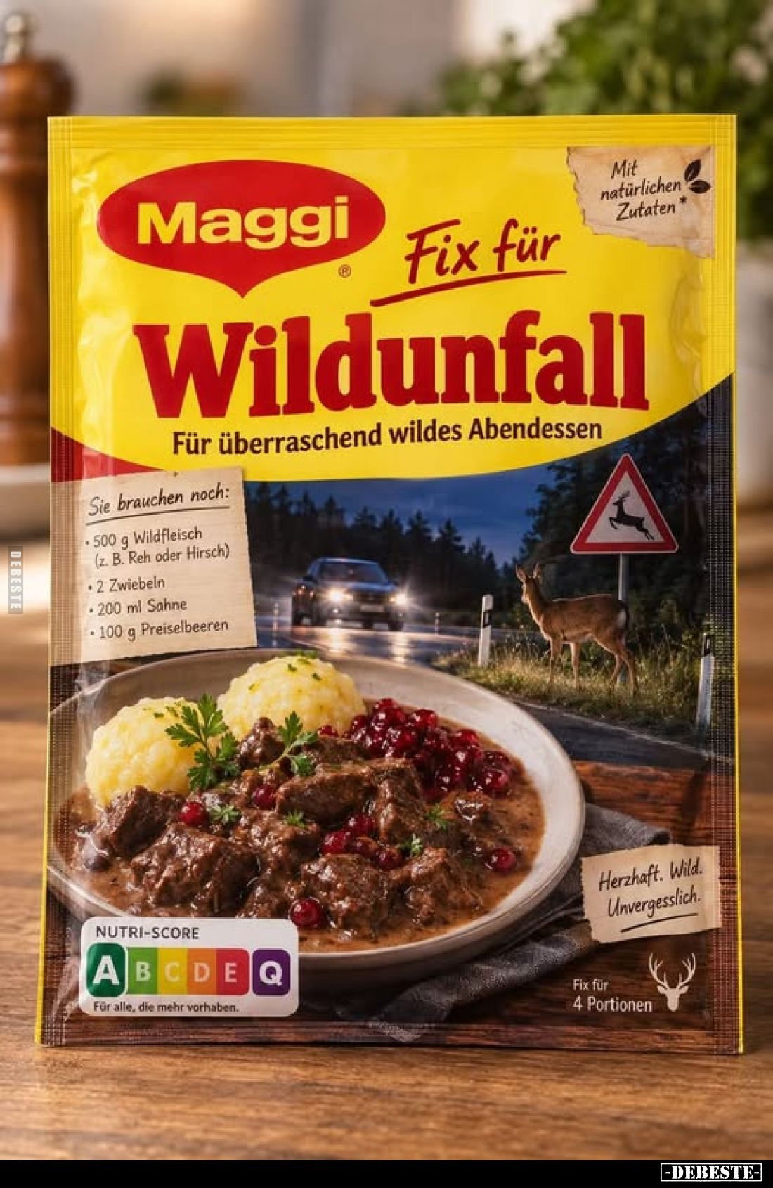 Maggi
Fix für
Wildunfall.
Für überraschend wildes Abendessen.
Sie brauchen noch:
500 g Wildfleisch (z. B. Reh oder Hirs...