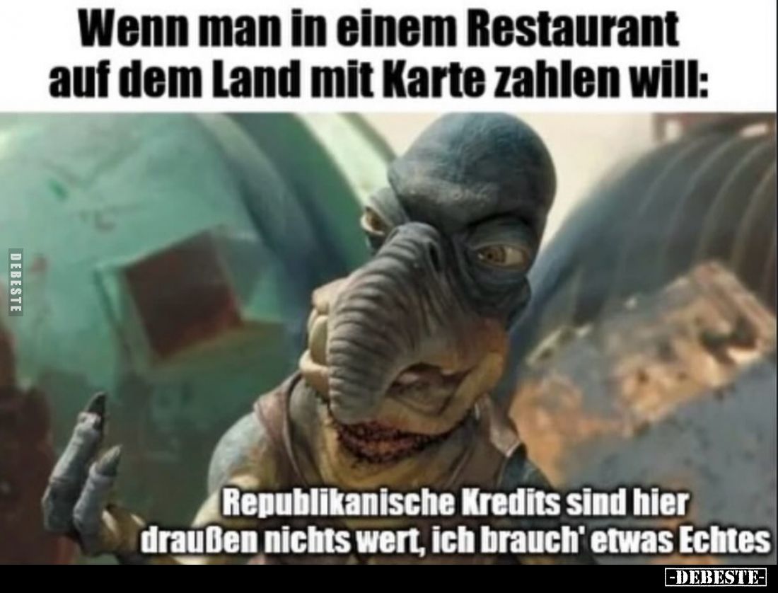 Wenn man in einem Restaurant auf dem Land mit Karte zahlen will:
Republikanische Kredits sind hier draußen nichts wert, ich ...