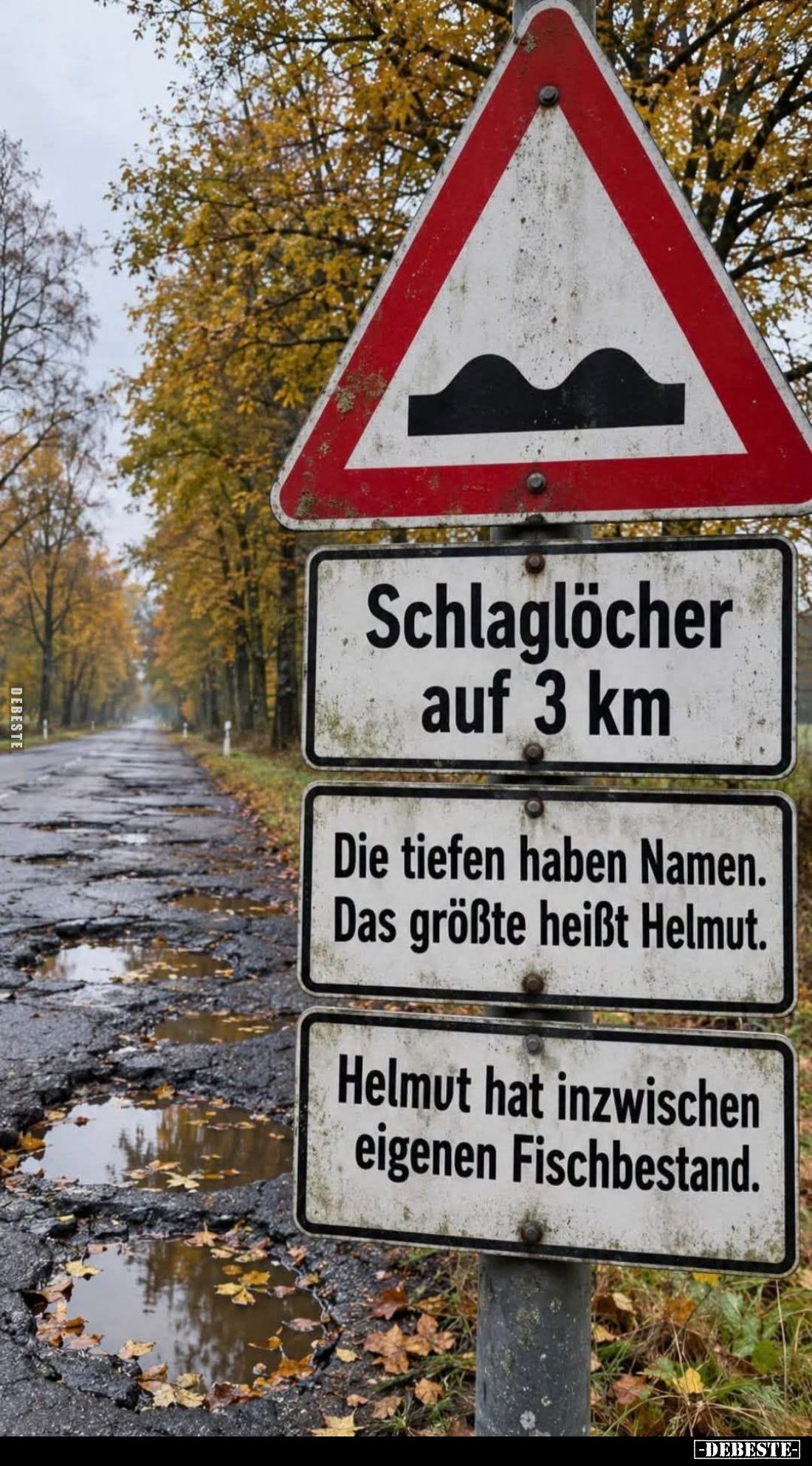 Schlaglöcher auf 3 km. -
Die tiefen haben Namen. Das größte heißt Helmut. -
Helmut hat inzwischen eigenen Fischbestand.