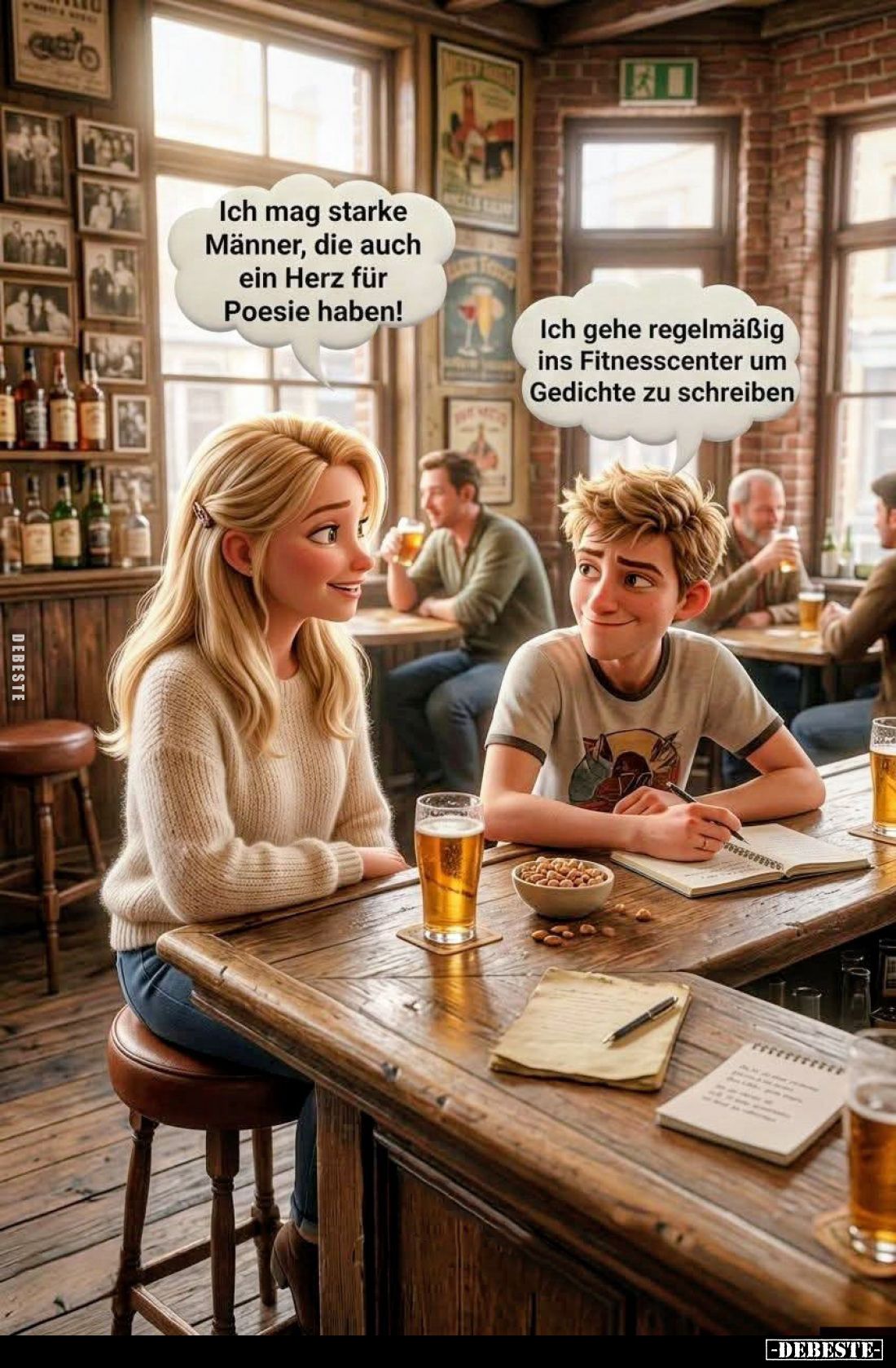 Ich mag starke Männer, die auch ein Herz für Poesie haben! -
Ich gehe regelmäßig ins Fitnesscenter um Gedichte zu schreiben.