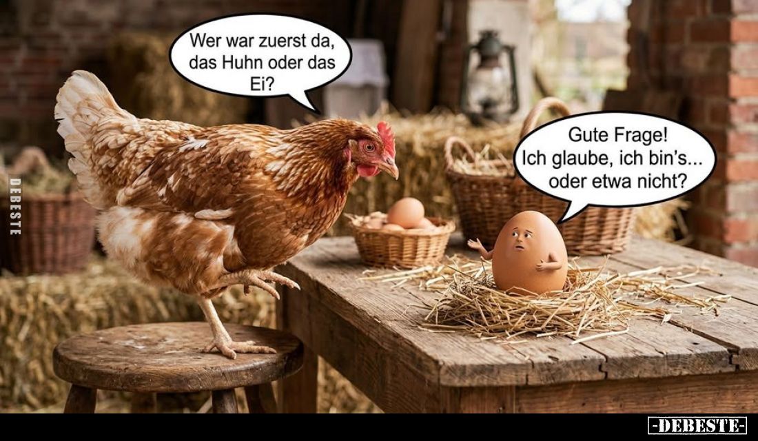 Wer war zuerst da, das Huhn oder das Ei? -
Gute Frage! Ich glaube, ich bin's... oder etwa nicht?