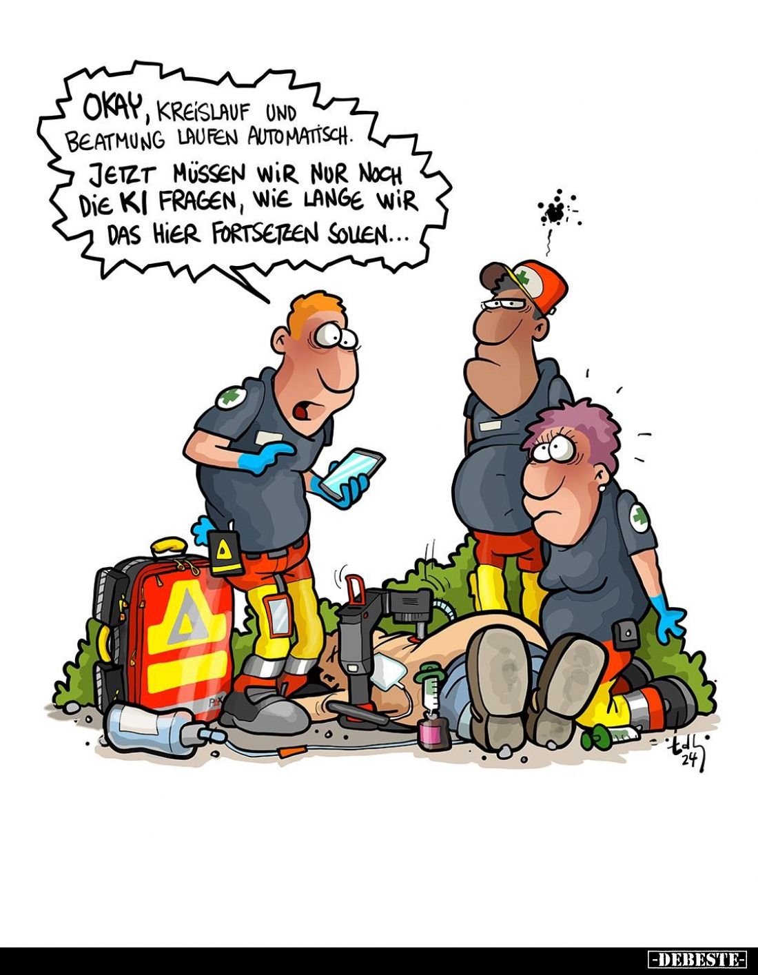 Okay, Kreislauf und Beatmung laufen automatisch.
Jetzt müssen wir nur noch die KI fragen, wie lange wir das hier fortsetzen ...