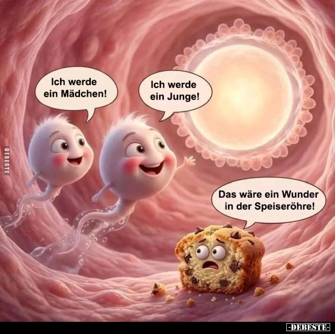 Ich werde ein Mädchen! -
Ich werde ein Junge! -
Das wäre ein Wunder in der Speiseröhre!